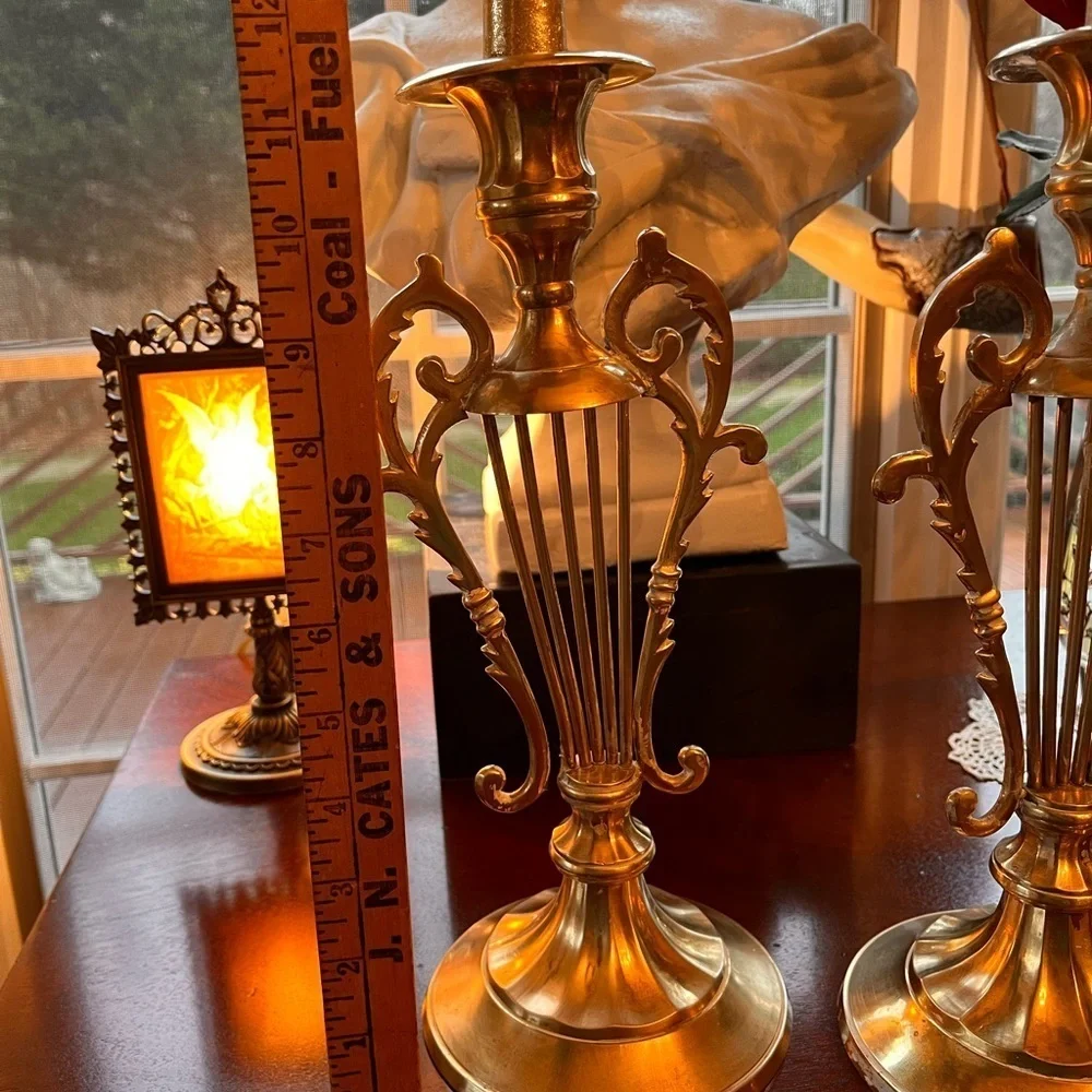 Pair of Lyre Shaped Brass Candle Holders 10-1/8